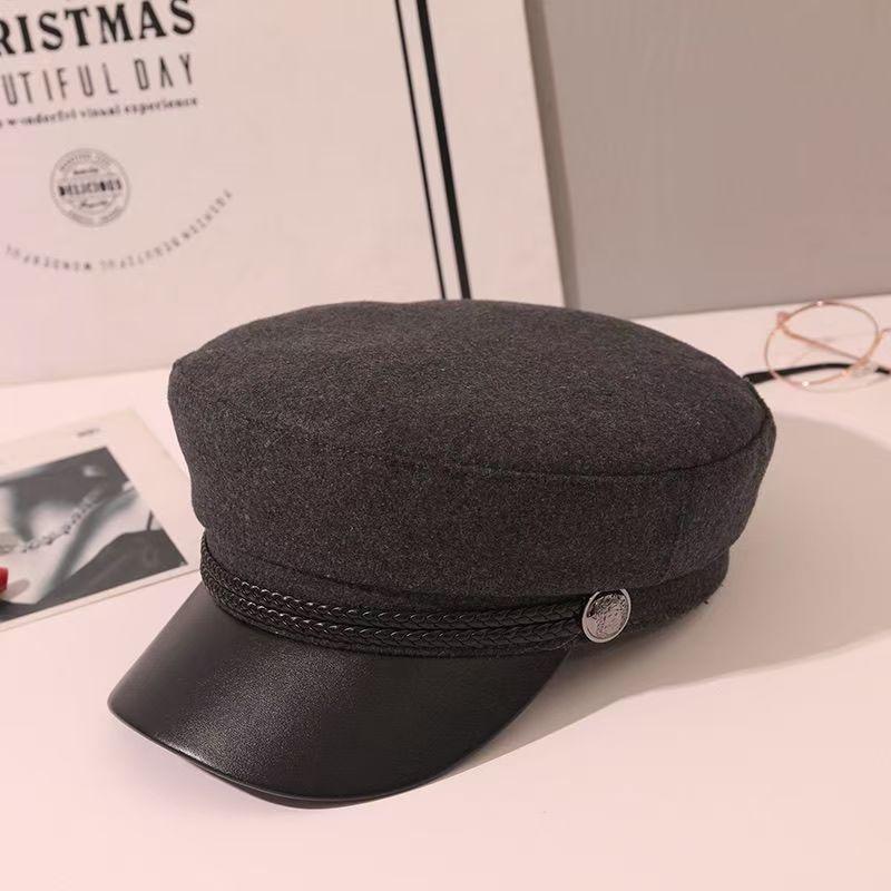 Korean Leather Beret Children Spring Student Cute Versatile Pu British Style Octagonal Hat Pumpkin Hat