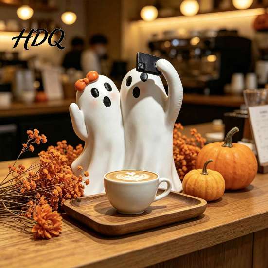 Decorative Ghost for Fireplaces Cute Selfie Figurine, Ghosts Taking Phone Photo Resin Statue, Halloween Matte Craft Figurines Tabletop Decor