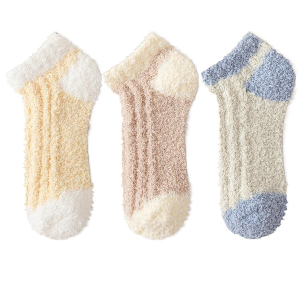 3Pairs Thickened Coral Fleece Socks Patchwork Warm Boat Socks Women Kawaii Floor Plush Socks  Winter
