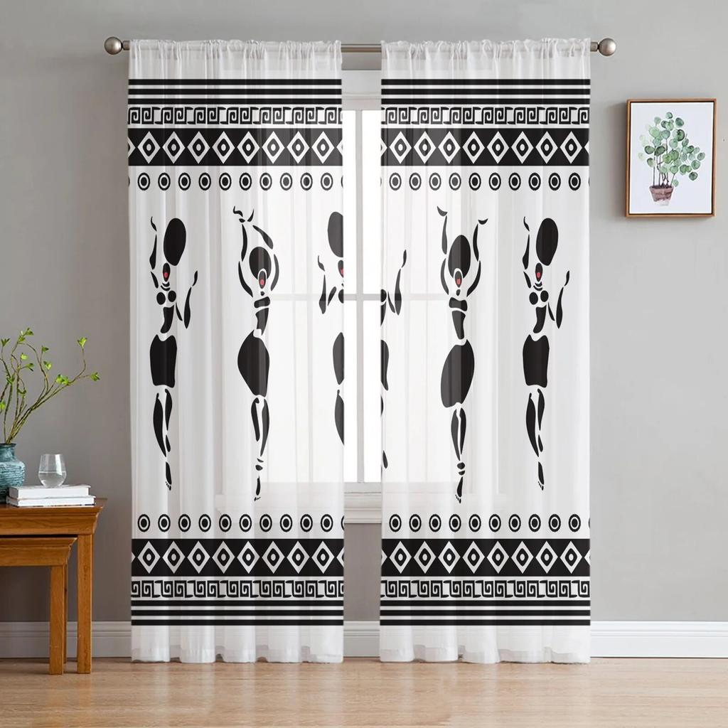 African Woman Dance Culture Vase Modern Tulle Curtains for Living Room Bedroom Home Kitchen Window Sheer Curtains