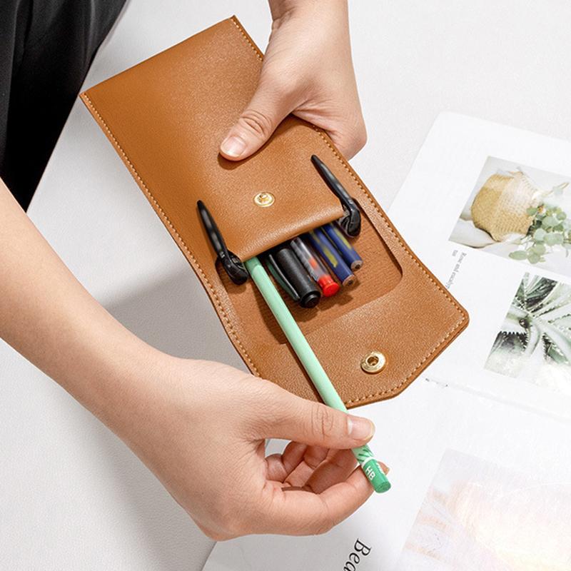Pencilcase Faux Leather Large Capacity Multi-Slot Pouch - Pure Color Stationery Organizer / Pen Protective Case