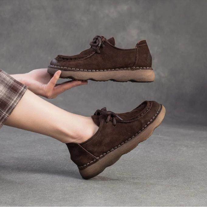 Johnature Echte Leder Ballerinas Bequem Vielseitig Schnürschuhe Pendeln Retro Weichbesohlte Damenschuhe
