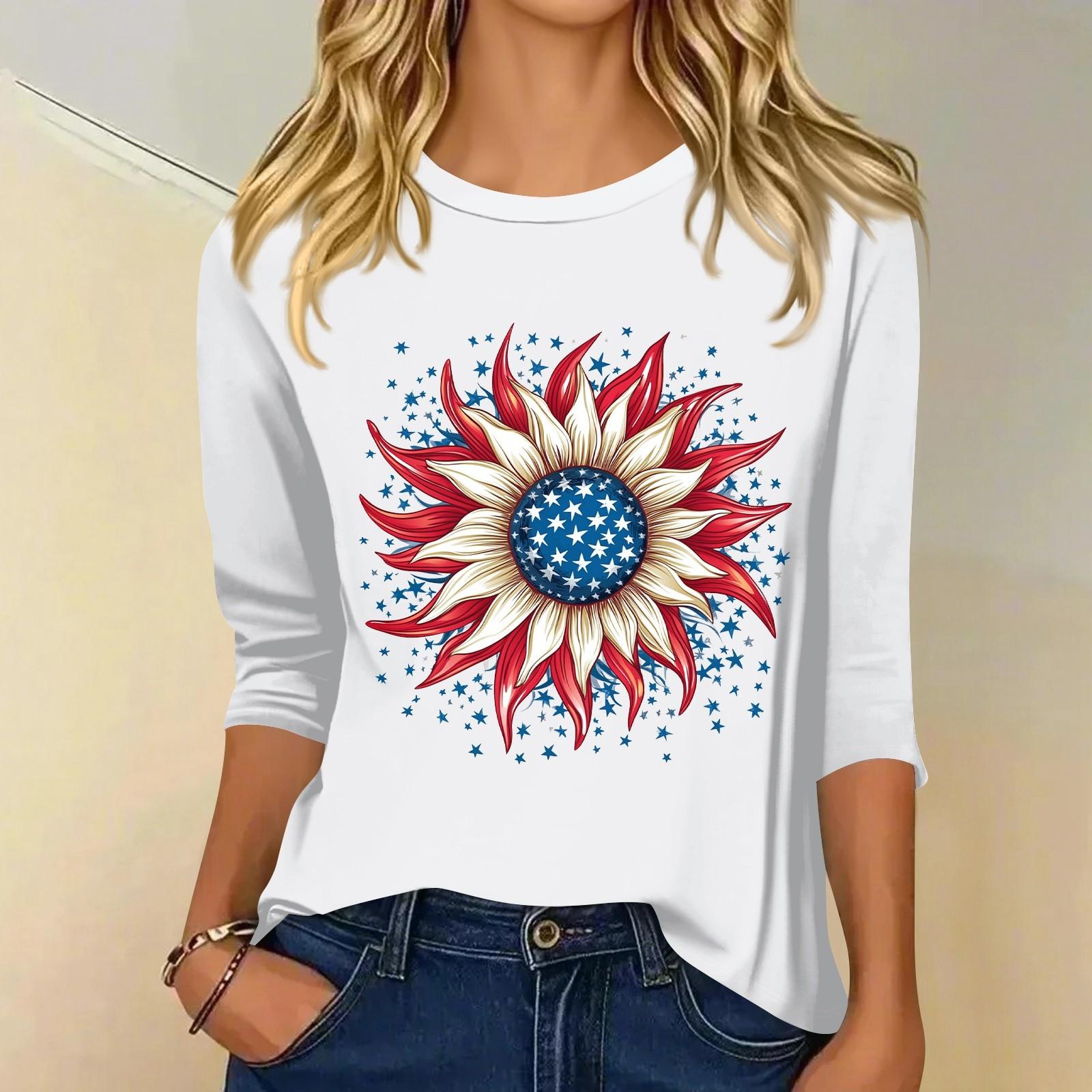 

Women s Fashion Casual 3/4 Sleeve T-Shirt Printed Round Neck Pullover Top L белый