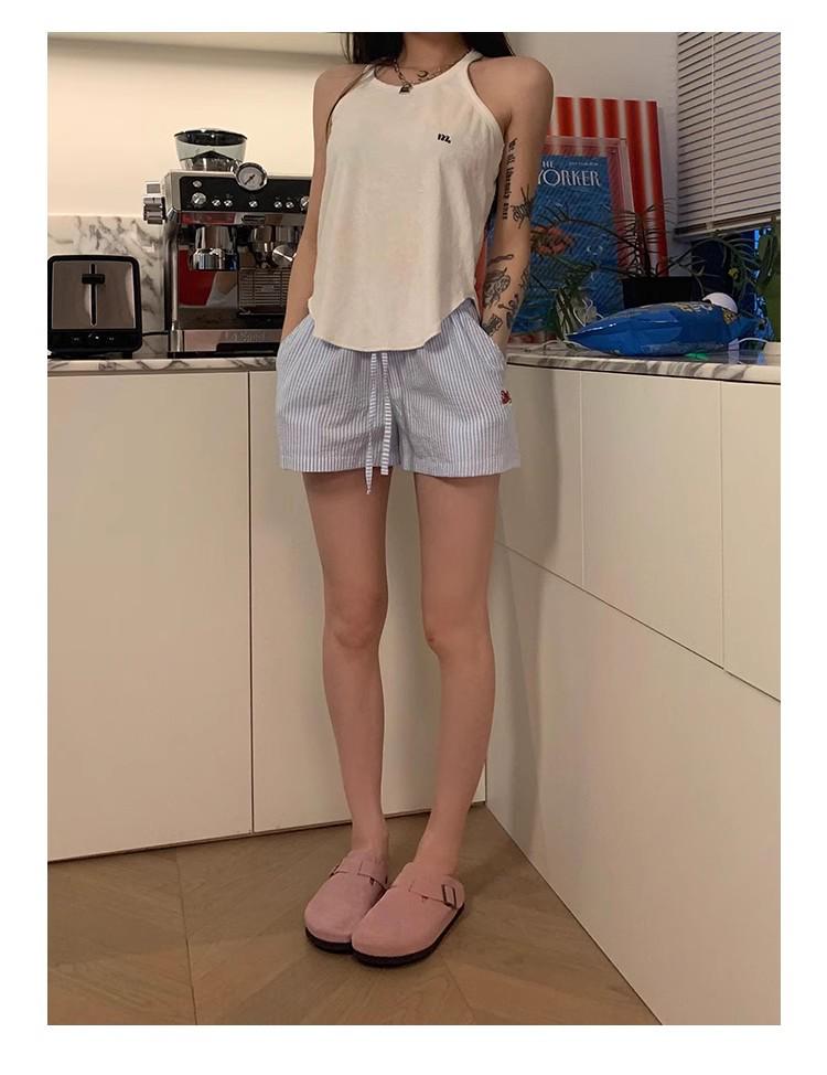 Hong Kong Style Striped Embroidered Drawstring Wide-Leg Shorts for Women - Casual, Versatile, and Lightweight