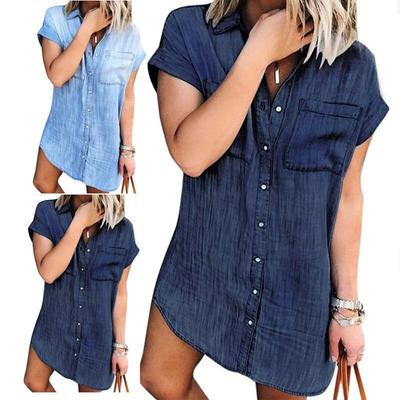 Women's Short Sleeve Denim Shirt - Vintage-Style Button-Up Casual Top Shirt Dresses Distressed Jean Dress Button Down Tunic Top