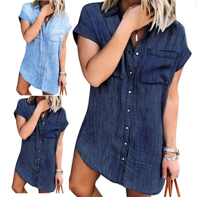 Women's Short Sleeve Denim Shirt - Vintage-Style Button-Up Casual Top Shirt Dresses Distressed Jean Dress Button Down Tunic Top
