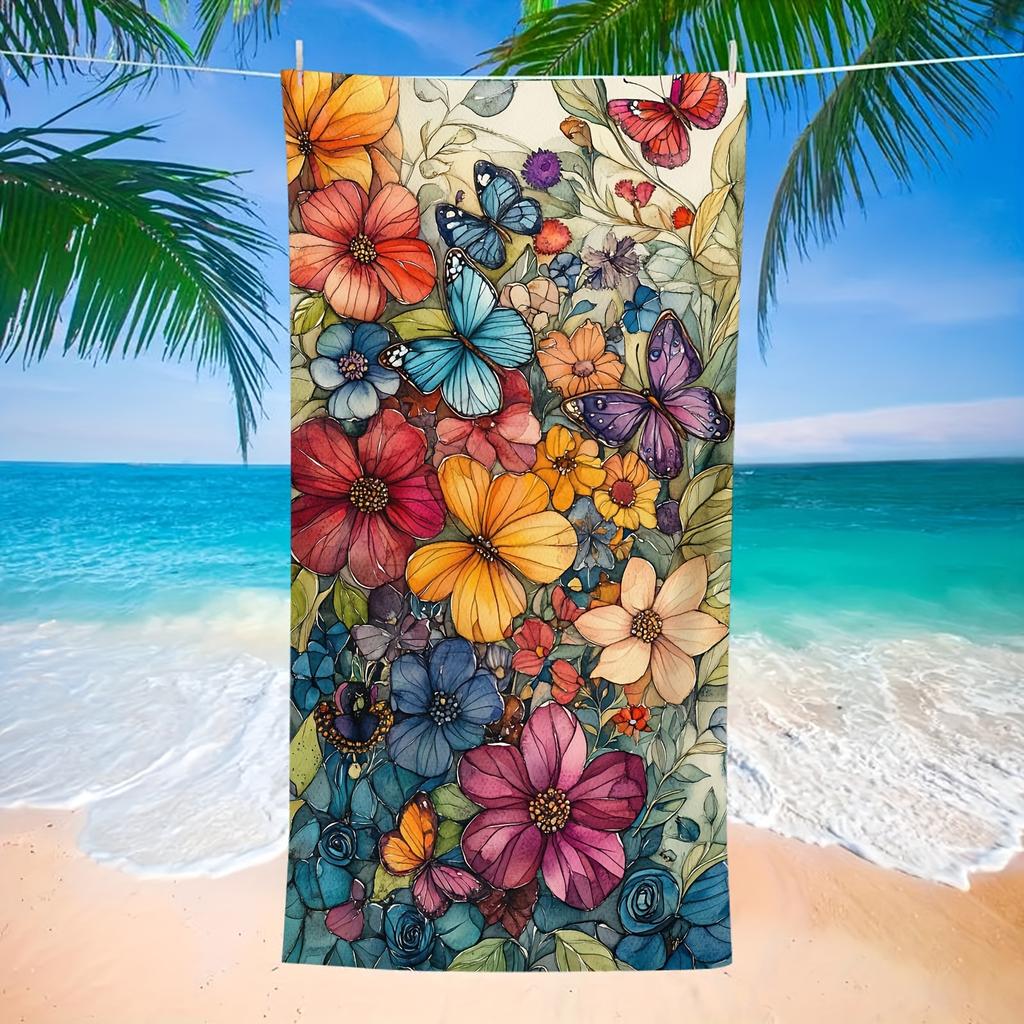 Watercolor Flower Butterfly Beach Towel Single Sided 2D Print Quick Dry Microfiber Towel for Beach Pool Bath Boho Aesthetic Vibe