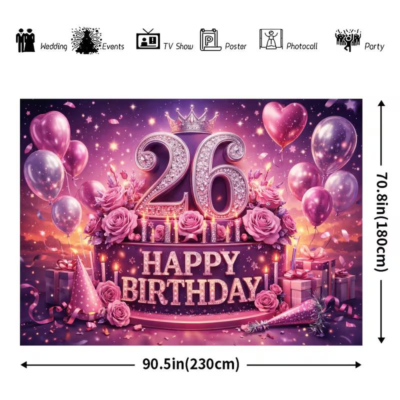 2D Women's 26th Birthday Backdrop, Purple Pink Glitter Themed Photography Background