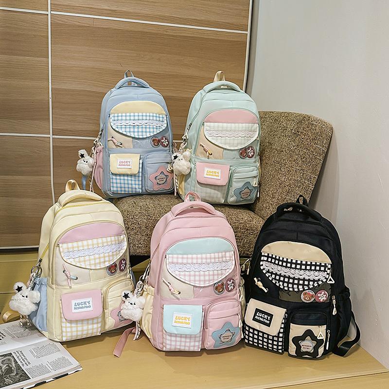 Plaid Backpack Junior High School Student Lightweight Schoolbag Color Block Large Capacity Backpack