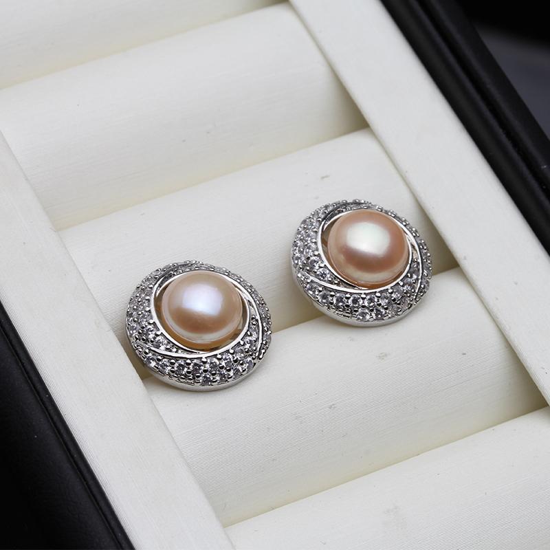Genuine New Big Freshwater Stud Earrings Pearl Woman,Flat 925 Sterling Silver Natural Pearl Earring Wife Mother Gift White Black