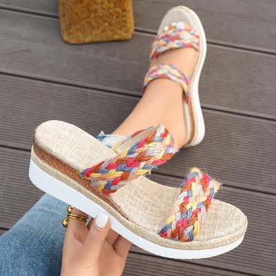 Women Wedge Heeled Slippers Summer 2025 Hemp Rope Chunky Platform Shoes Woman Plus Size Thick Bottom Ankle Strap Sandals