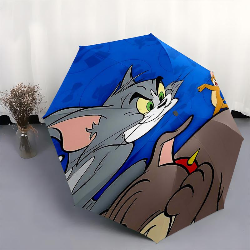 1pc Tom and Jerry Automatic Folding Umbrella - Compact 8-Rib Design, Durable Plastic & Iron1369L