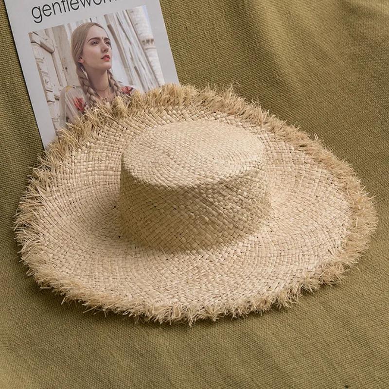 Fashion Handmade 100%natural Raffia Dame Top Big Brim Straw Hat Beach Girl Holiday Panama Sunscreen Breathable Sun Hat sale