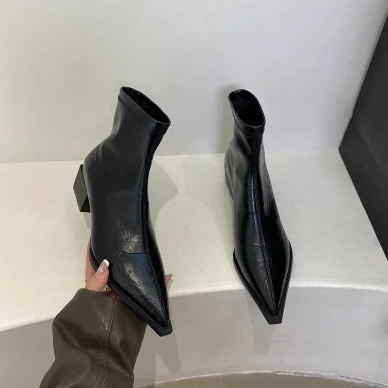 Fashion Pointed Toe Women Ankle Boots Fashion Thick Heel Slimming Short Booties Autumn Winter Soft Leather Female Shoes