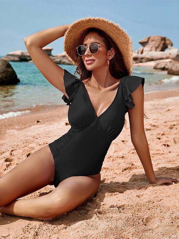 

Large size V-neck one-piece swimsuit covers the meat and looks thin, sexy triangular bikini short-sleeved women s swimsuit S чёрный