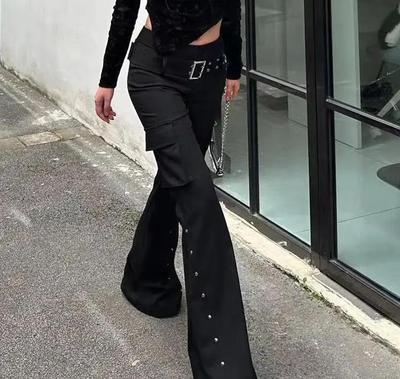Retro Pure Black Rivet Design Belt Decorative Slim Pants for Women Y2k Harajuku Goth Low-waisted Flared Pants