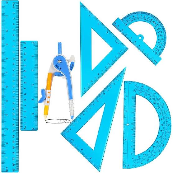 Zonon 1 Set Plastic Geometry Math Set 7 Pcs Includes 6'' / 4 '' Protractor, Drawing Compass, 45/60 Degree Triangle Rulers, 12'' / 6'' Math Ruler