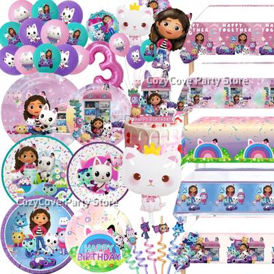 Gabby Dollhouse Party Supplies Gabby Birthday Party Favor Plate Cup Set 3D Balloons For Kids Girls Party Gift Items Photo Booth Props