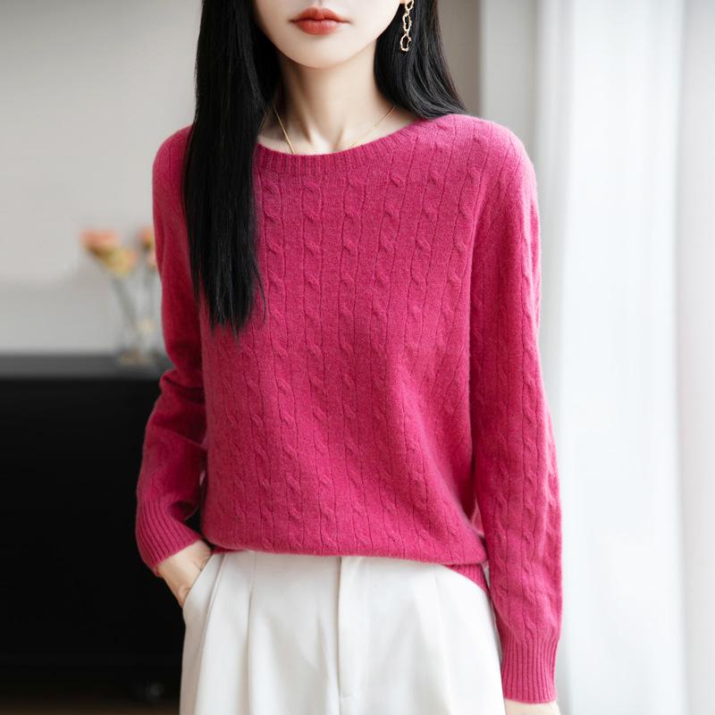 Women's Cable Knit Round Neck Pullover Sweater - Long Sleeve Knitwear for Autumn and Winter