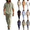 Men's Linen Casual Set - Button  Shirt Elastic Waist Drawstring Loose-Fit Pants Comfortable Two-Piece Set