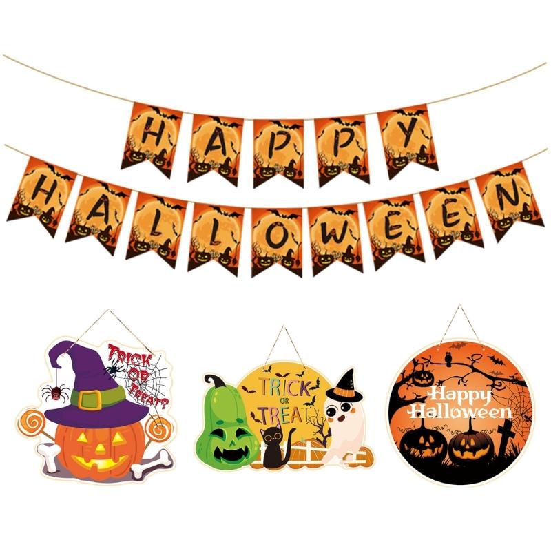Halloween Hanging Sign Halloween Door Wreath Front Door Hanger Sign Happy Halloween Banners Halloween Party Decoration 1