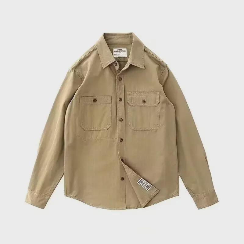 Men's Khaki Military Green Retro Shirt Jacket for Spring and Autumn