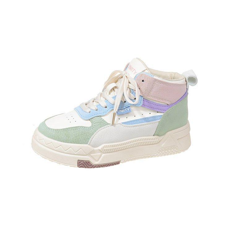 High-Top Board Shoe Women's  Autumn and Winter New Rubber Soft Bottom Leather Color Matching Fashion Women's Casual Sneaker Mixed Batch