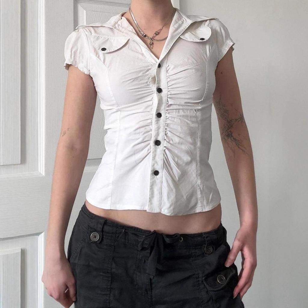 American Style Lapel Waist-Cinched Pleated Short-Sleeve Cardigan Shirt
