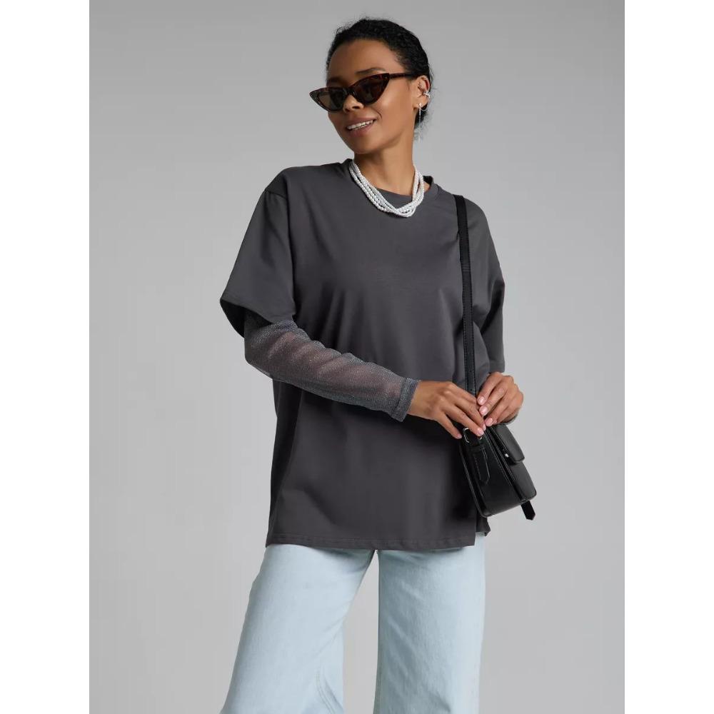 Hirsionsan Bavlněné tričko Dámské 2025 Léto Nadměrné Velikosti Patchwork z Jasného Hedvábí Dlouhý Rukáv Ležérní Volné Tričko Šik Dámské Topy