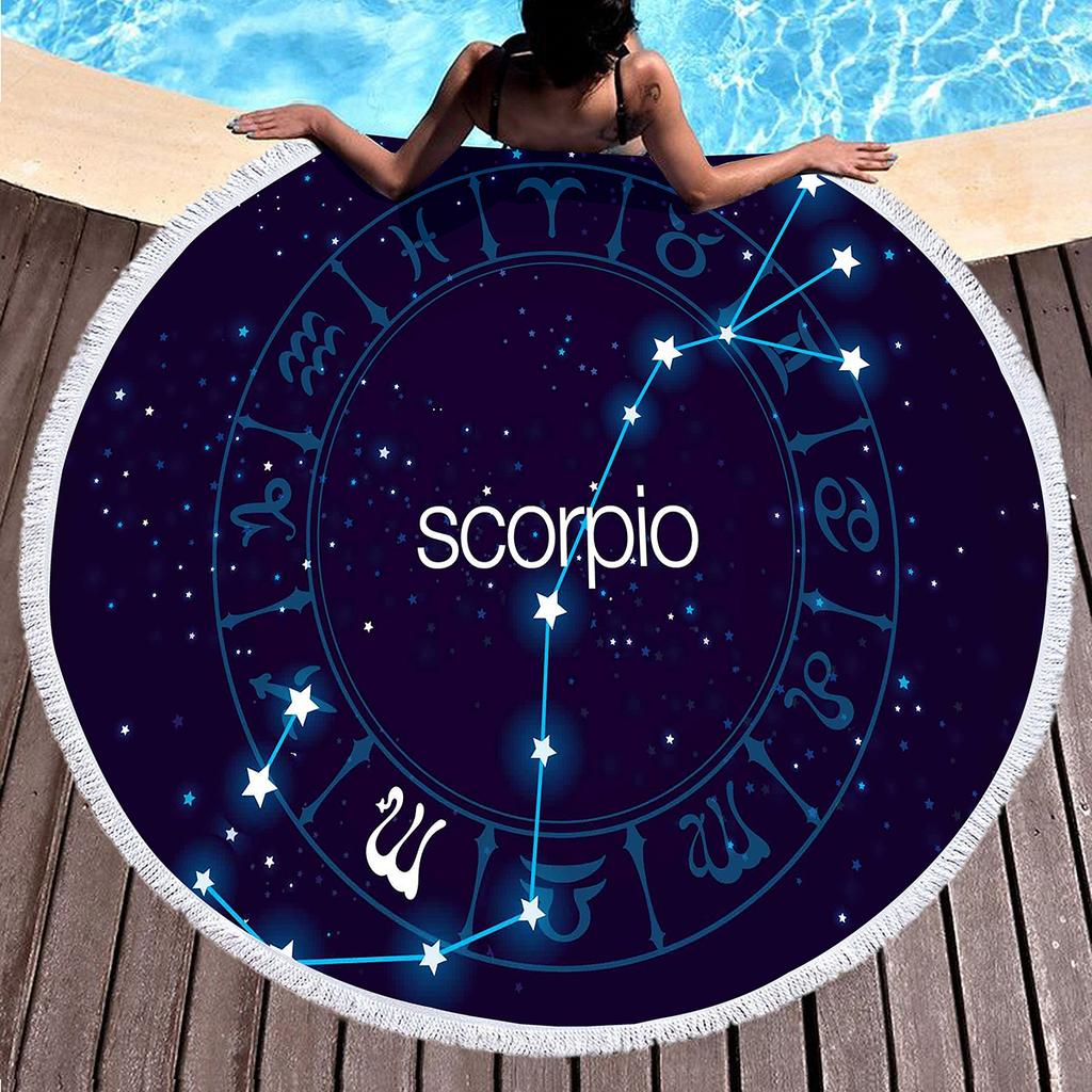 12 Constellation Round Beach Towel, Soft Microfiber Mystery Universe Galaxy Beach Towel Absorbent Towel for Travel Pool Picnic