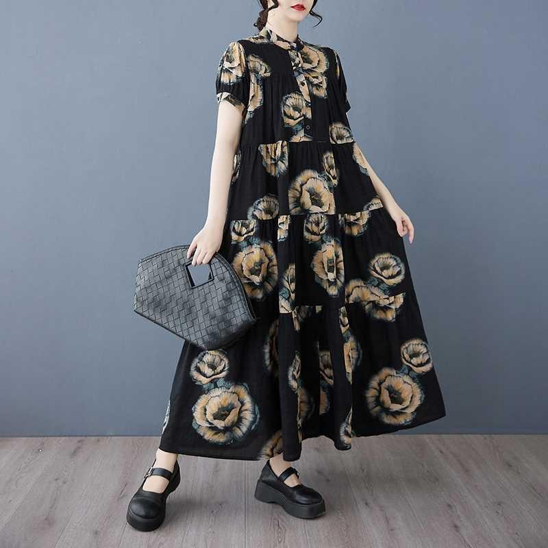 2025 Summer New Women Loose Big Size Fashion Printing Slim Long Dresses