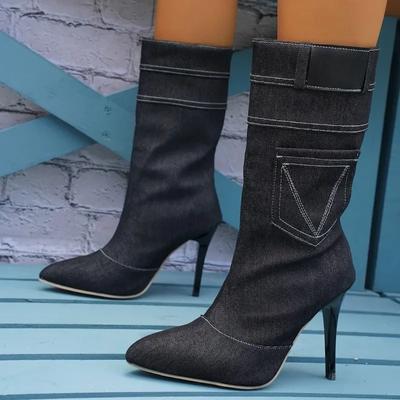 2024 New Women's Canvas Mid-calf Boots Autumn Trendy Pointed Designer Stiletto Heels Botas De Mujer Slip-on Casual Fashion Boots