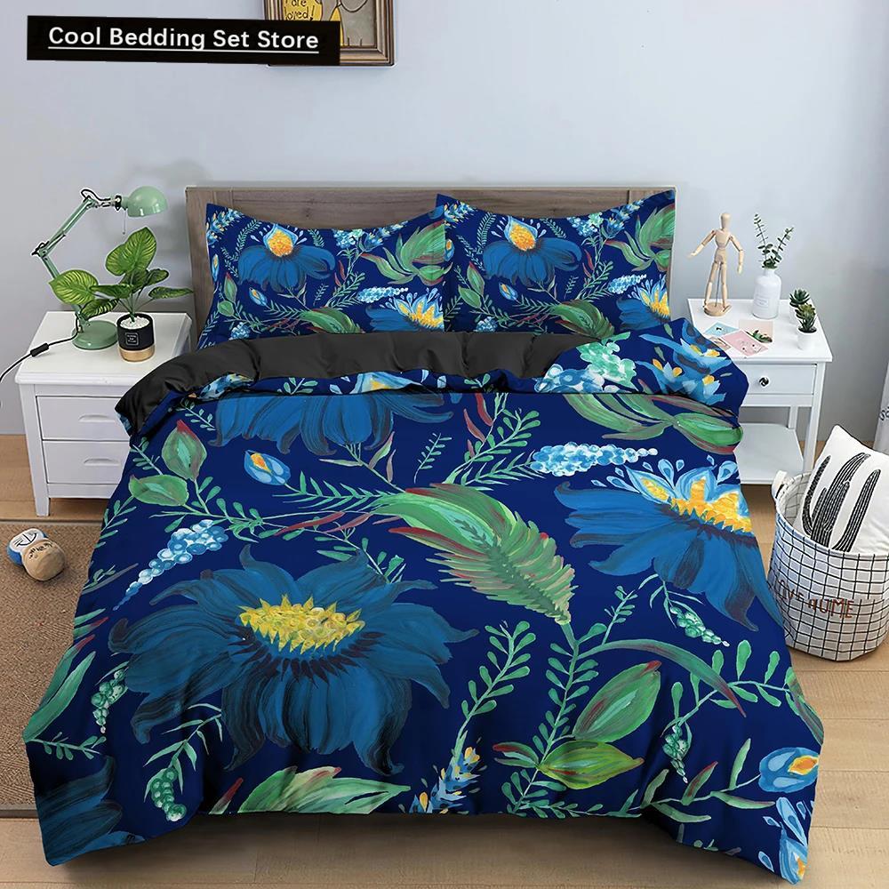 Comforter Flowers King Queen 3D Colorful Floral Printed Polyester Bedding Set For Teens Adults Women Leaves Soft