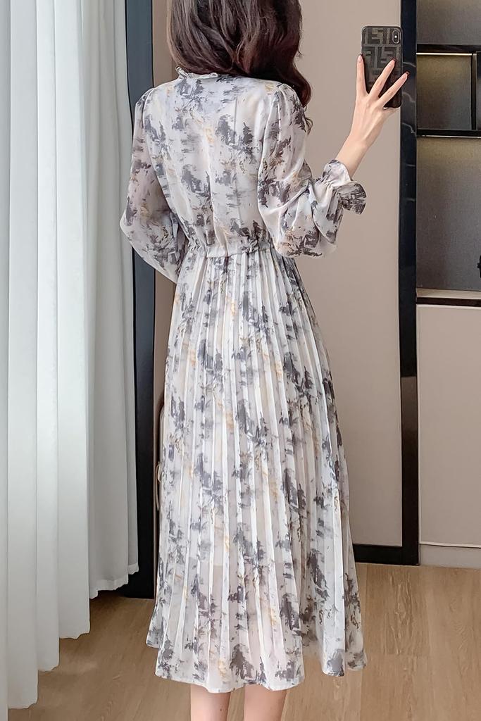 Spring Long Floral Flared Elegant [Chubikime] Women's Dress, Sleeve, Chiffon, V-Neck, Ruffle, A-Line Dress, Print, Dress, Pleated, Stylish,