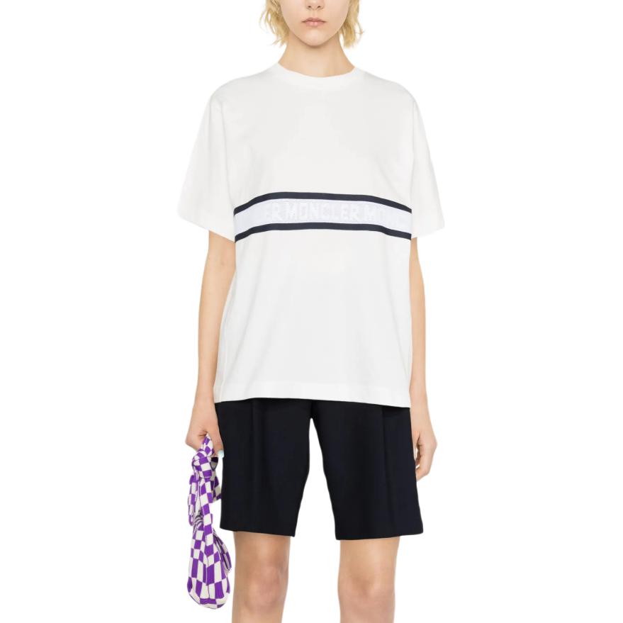 Moncler SS23 Logo Gestreiftes Print Rundhals Kurzarm Drop Shoulder T-Shirt Damen Oberteile I10938C00027829HP033