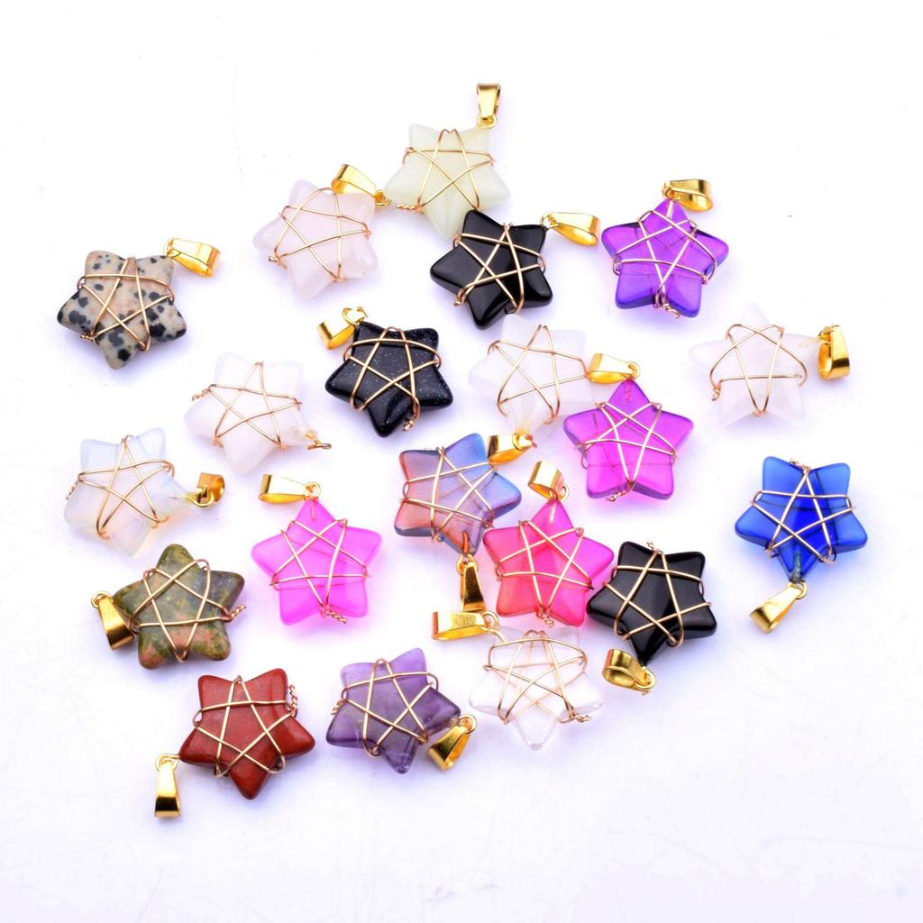 Gold-Wrapped Crystal Star Pendant Necklace, 2cm Jade Charm, Ins Style Fashion Accessory