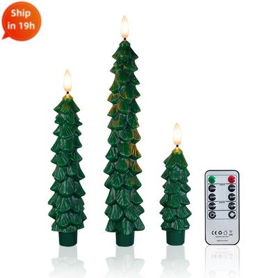 3-Pack Christmas Flameless LED Candles Green Led Candlesticks with Timer Remote Christmas Tree 3D Flickering LED Candles