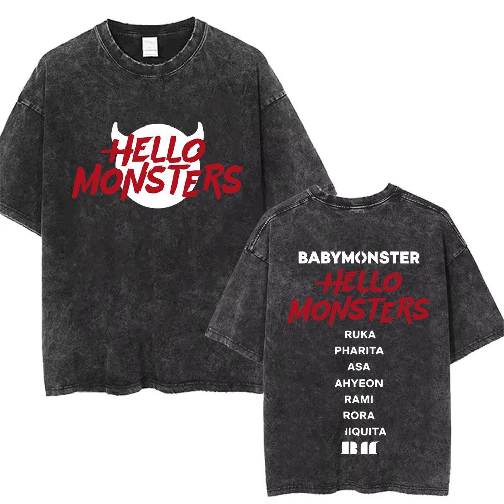 Babymonster Washed Vintage Tshirt Hello Monsters World Tour Graphic Tshirt Mens Korean Fashion Oversized Streetwear T Shirts