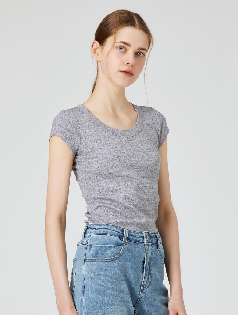 YJACK W_Rib U-Neck Slim Fit Short Sleeve T-Shirt Lrt1463
