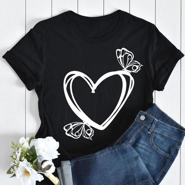 Butterfly Love Heart Print T Shirt Women Fashion Black T Shirt Female Short Sleeve Cute Graphic Tee Shirts Ladies Summer Tops