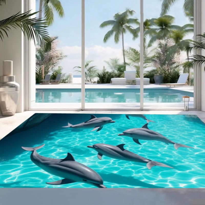 Cartoon Ocean Dolphin Area Rug Non-Slip Washable Marine Life Carpet Tropical Underwater Themed Floor Mat Best for Ocean Lovers