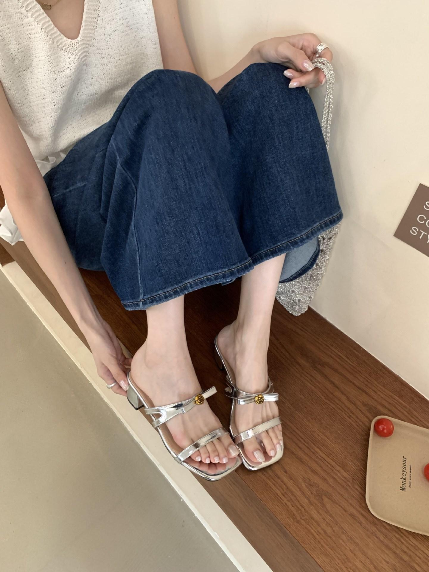 French Temperament Summer One-Word Slippers Thick Heel High Heel Slippers 35 серебряный