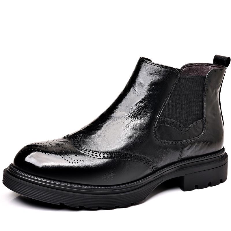 Men's Genuine Leather Chelsea Boots, Versatile Velvet-Lined Mid-Calf, Breathable, Trendy Snow & Martin Boots