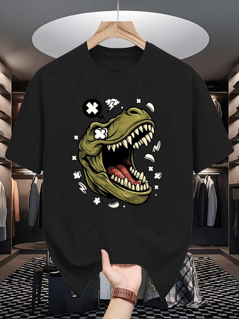 Roaring T Rex Unisexs Crew Neck T Shirt Angry Dinosaur Head Comic Lightning Burst Graphic Short Sleeve Casual Street Tops