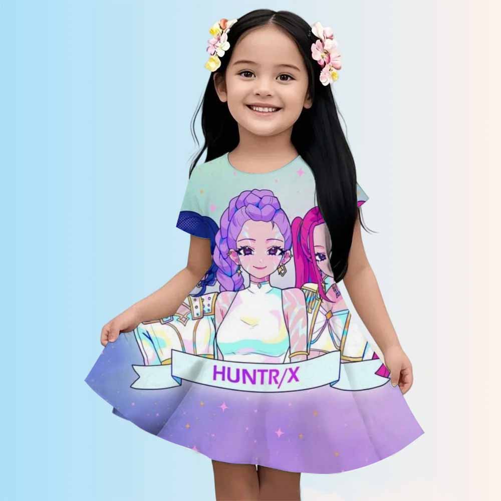 3-14 Year Old Girl KPop Demon Hunters 3d Printed Short Sleeved Dress Loose And Comfortable Party Dress 100-160