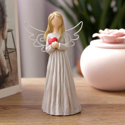 Love Heart Angel Figurine Golden Hair Wing Girl Resin Statue Sculpture