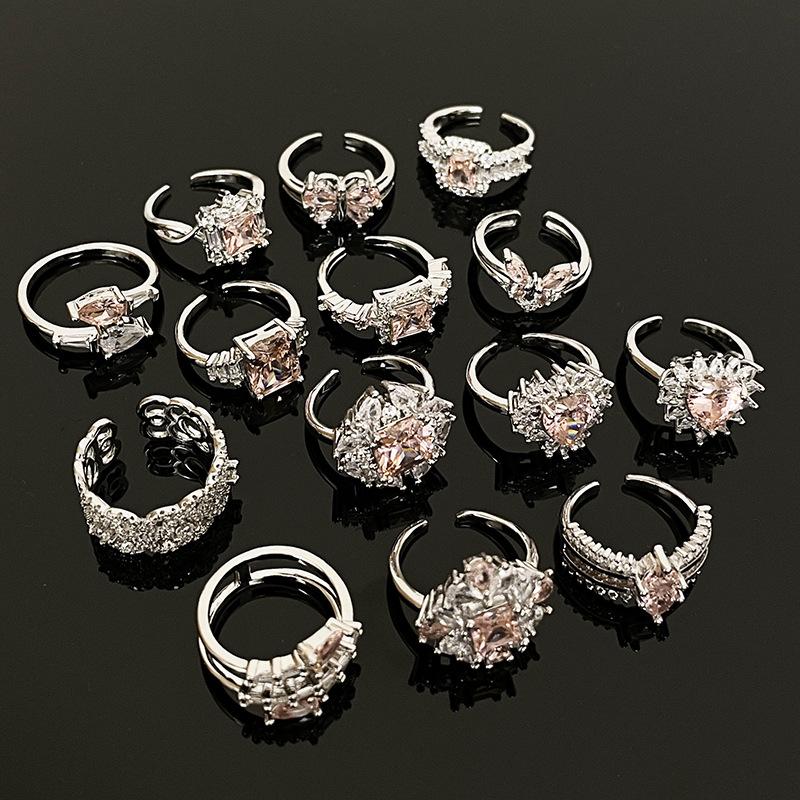 Sweet And Cool Wind Series Pink Zircon Colored Treasure Open Ring Light Luxury High Sense Personalized Flower Ring Woman