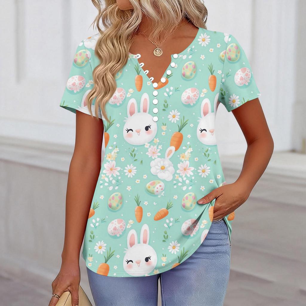 Women’s Short Sleeve V Neck T Shirt with Bunny and Floral Print Casual Loose Fit Soft Comfortable Top for Daily Wear