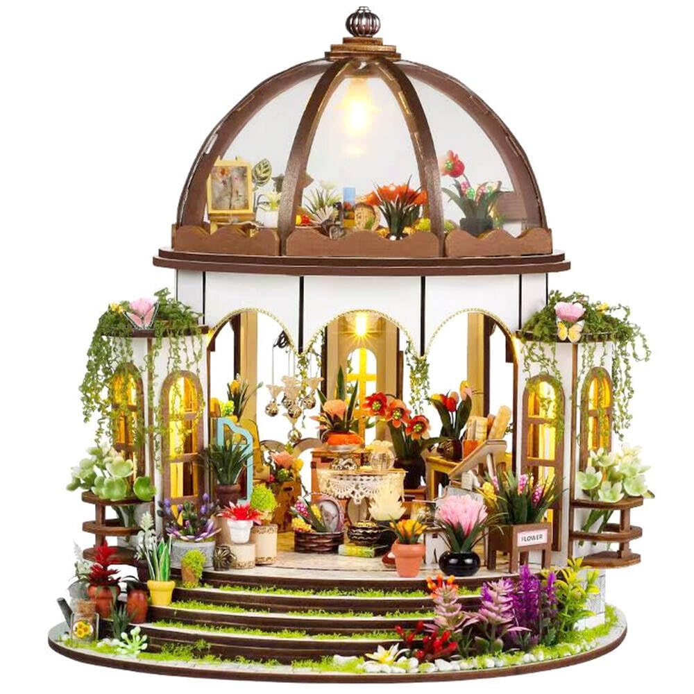 Moin Moin Dollhouse Miniature DIY Kit Set Scale Glass Dome Greenhouse Florist Garden Greenhouse Flowers Round LED Light 2508dh466 [English
