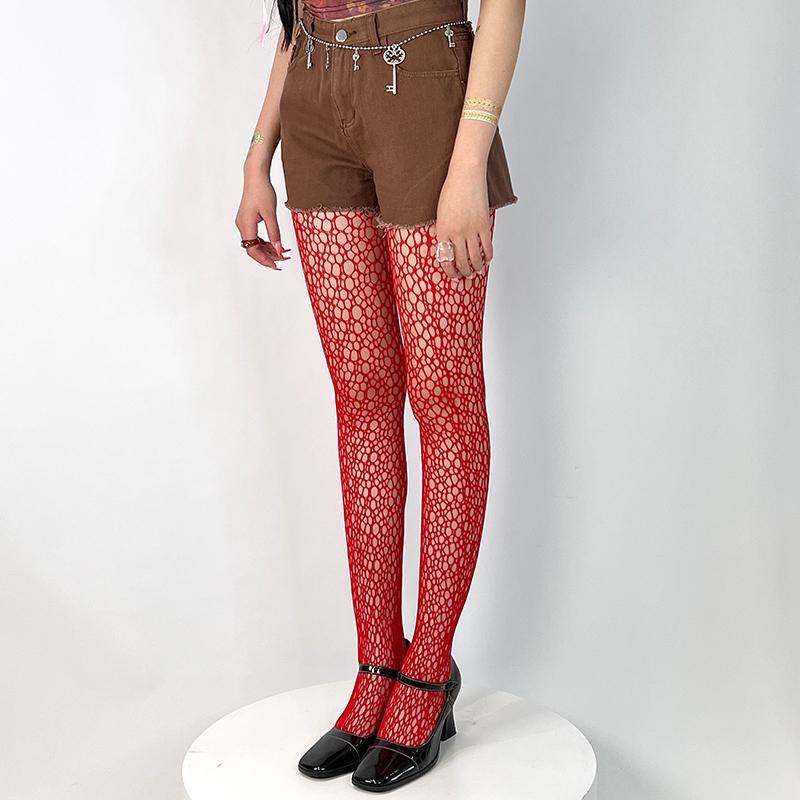 Mädchen Bunte Unregelmäßige Netz-Fischgrätstrumpfhosen Sexy Trendig Ausgeschnittene Lingerie-Strumpfhosen Gothic Y2K One Size gray